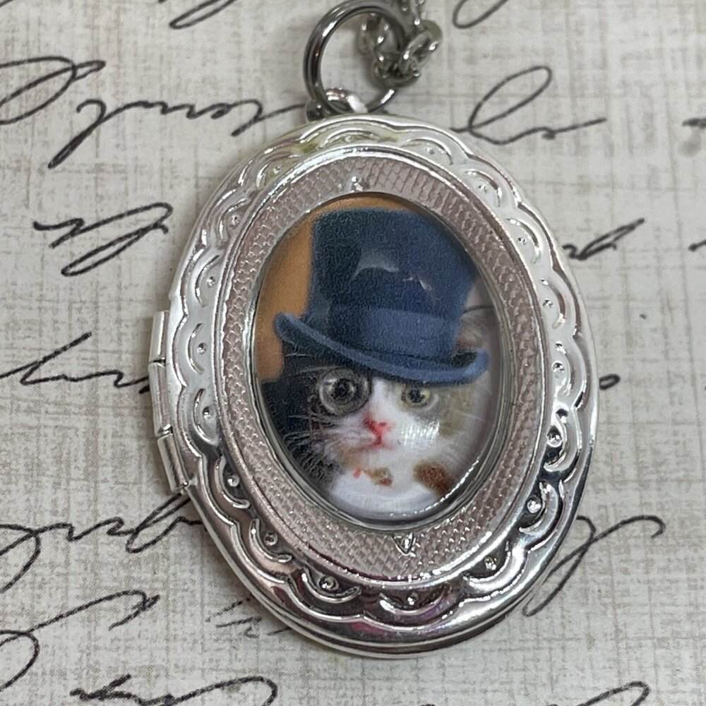 Silver Glasses Steampunk  Cat Kitten  Locket Necklace Pendant Wedding Top Hat
